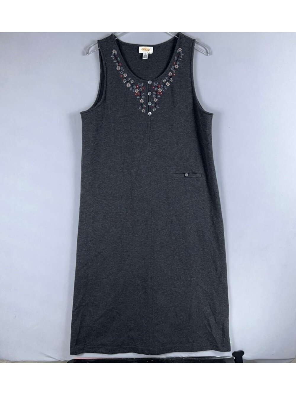 Talbots Dress Size Large Gray Sleeveless Midi Embroidered Floral Print Neck